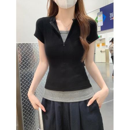 纯棉螺纹短袖t恤女装夏季新款纯色假两件拉链V领上衣 服裝批發女裝批發服飾貨源