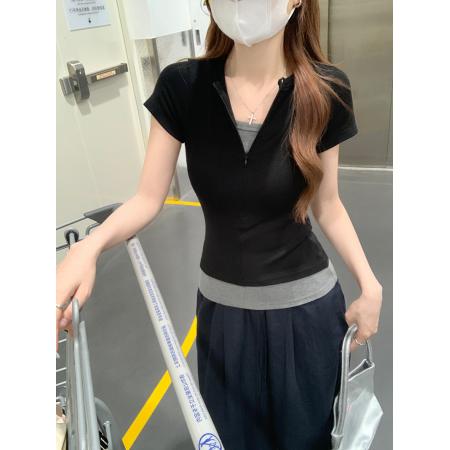 纯棉螺纹短袖t恤女装夏季新款纯色假两件拉链V领上衣 服裝批發女裝批發服飾貨源