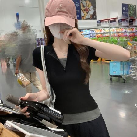 纯棉螺纹短袖t恤女装夏季新款纯色假两件拉链V领上衣 服裝批發女裝批發服飾貨源