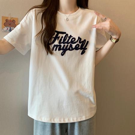 21支精梳棉短袖t恤女夏刺绣花潮韩版圆领上衣大码女装 服裝批發女裝批發服飾貨源