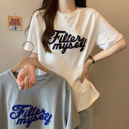 21支精梳棉短袖t恤女夏刺绣花潮韩版圆领上衣大码女装 服裝批發女裝批發服飾貨源