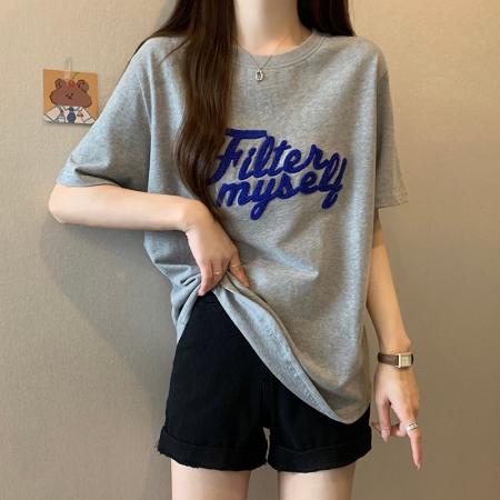 21支精梳棉短袖t恤女夏刺绣花潮韩版圆领上衣大码女装 服裝批發女裝批發服飾貨源