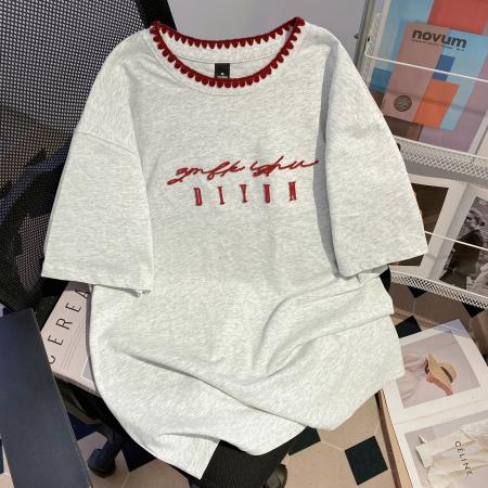 32支双纱纯棉短袖t恤女装夏新款刺绣花中长宽松圆领上衣 服裝批發女裝批發服飾貨源