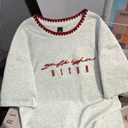 BY17746# 32支双纱纯棉短袖t恤女装夏新款刺绣花中长宽松圆领上衣 服裝批發女裝批發服飾貨源