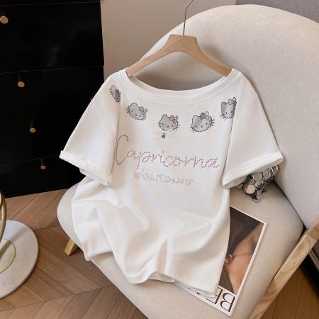 大码女装200斤螺纹短袖t恤夏新款潮宽松烫钻斜领上衣 服裝批發女裝批發服飾貨源