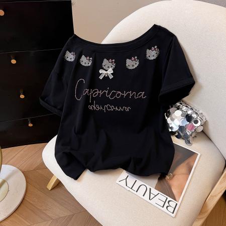 大码女装200斤螺纹短袖t恤夏新款潮宽松烫钻斜领上衣 服裝批發女裝批發服飾貨源