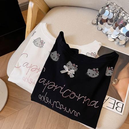 大码女装200斤螺纹短袖t恤夏新款潮宽松烫钻斜领上衣 服裝批發女裝批發服飾貨源