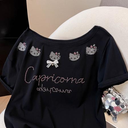 大码女装200斤螺纹短袖t恤夏新款潮宽松烫钻斜领上衣 服裝批發女裝批發服飾貨源