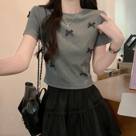 水柔双面短袖t恤夏潮刺绣正肩修身短款圆领上衣女装 服裝批發女裝批發服飾貨源