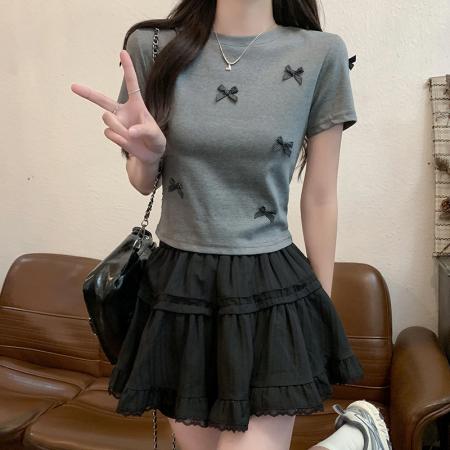 水柔双面短袖t恤夏潮刺绣正肩修身短款圆领上衣女装 服裝批發女裝批發服飾貨源