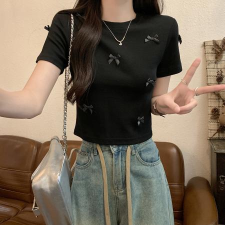 水柔双面短袖t恤夏潮刺绣正肩修身短款圆领上衣女装 服裝批發女裝批發服飾貨源