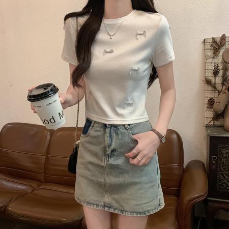 水柔双面短袖t恤夏潮刺绣正肩修身短款圆领上衣女装 服裝批發女裝批發服飾貨源