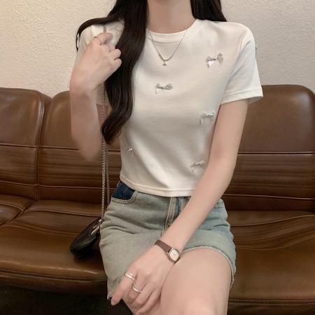 水柔双面短袖t恤夏潮刺绣正肩修身短款圆领上衣女装 服裝批發女裝批發服飾貨源