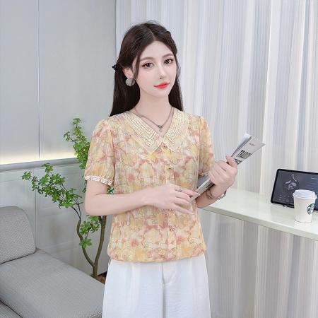 娃娃领雪纺衬衫女装夏季新款钉珠...