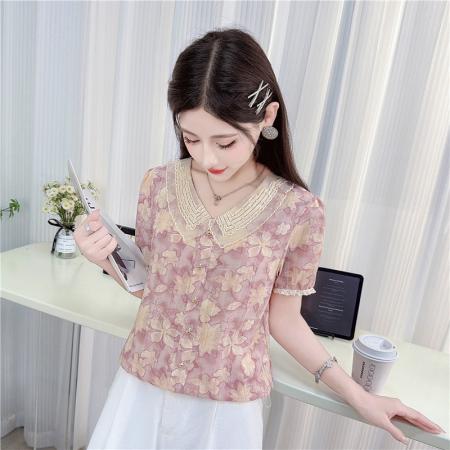 娃娃领雪纺衬衫女装夏季新款钉珠时尚碎花漂亮小衫短袖上衣 服裝批發女裝批發服飾貨源