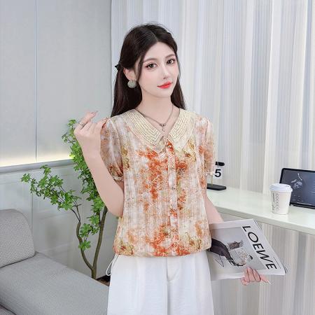 娃娃领雪纺衬衫女装夏季新款钉珠时尚碎花漂亮小衫短袖上衣 服裝批發女裝批發服飾貨源