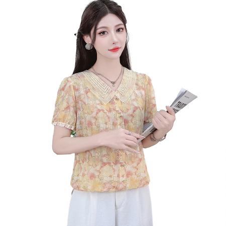 娃娃领雪纺衬衫女装夏季新款钉珠时尚碎花漂亮小衫短袖上衣 服裝批發女裝批發服飾貨源