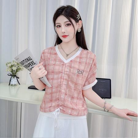 夏季新款时尚V领抽绳短袖T恤女休闲宽松遮肉显瘦雪纺上衣 服裝批發女裝批發服飾貨源