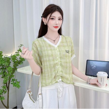 夏季新款时尚V领抽绳短袖T恤女休闲宽松遮肉显瘦雪纺上衣 服裝批發女裝批發服飾貨源