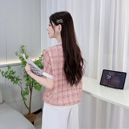 夏季新款时尚V领抽绳短袖T恤女休闲宽松遮肉显瘦雪纺上衣 服裝批發女裝批發服飾貨源