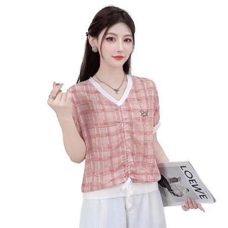 夏季新款时尚V领抽绳短袖T恤女休闲宽松遮肉显瘦雪纺上衣 服裝批發女裝批發服飾貨源