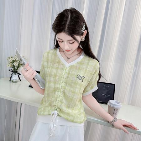 夏季新款时尚V领抽绳短袖T恤女休闲宽松遮肉显瘦雪纺上衣 服裝批發女裝批發服飾貨源