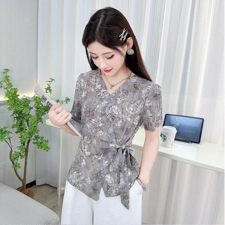印花绑带短袖衬衫夏季新款时尚法式减龄休闲气质印花上衣女 服裝批發女裝批發服飾貨源