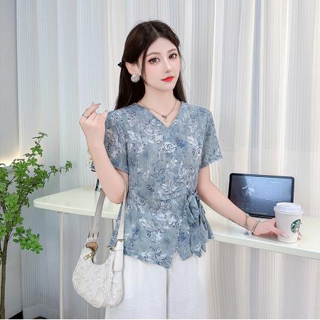 印花绑带短袖衬衫夏季新款时尚法式减龄休闲气质印花上衣女 服裝批發女裝批發服飾貨源