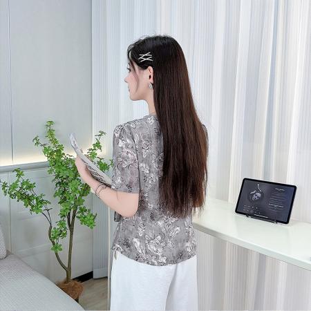 印花绑带短袖衬衫夏季新款时尚法式减龄休闲气质印花上衣女 服裝批發女裝批發服飾貨源