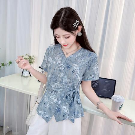 印花绑带短袖衬衫夏季新款时尚法式减龄休闲气质印花上衣女 服裝批發女裝批發服飾貨源