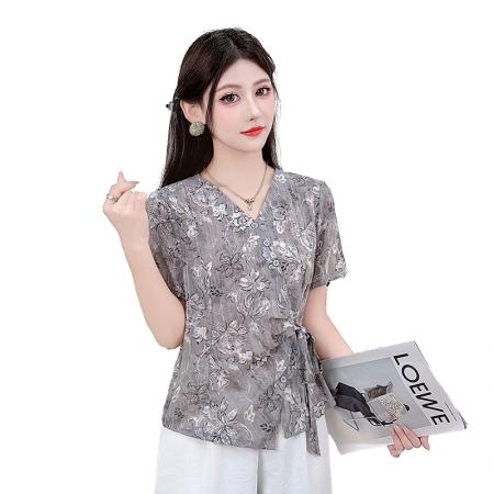 印花绑带短袖衬衫夏季新款时尚法式减龄休闲气质印花上衣女 服裝批發女裝批發服飾貨源