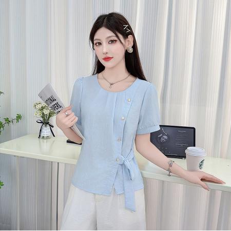 时尚衬衫女夏季新款洋气宽松显瘦设计感百搭系带收腰短袖上衣 服裝批發女裝批發服飾貨源