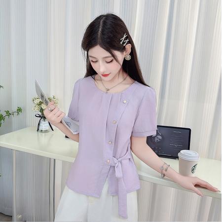 时尚衬衫女夏季新款洋气宽松显瘦设计感百搭系带收腰短袖上衣 服裝批發女裝批發服飾貨源