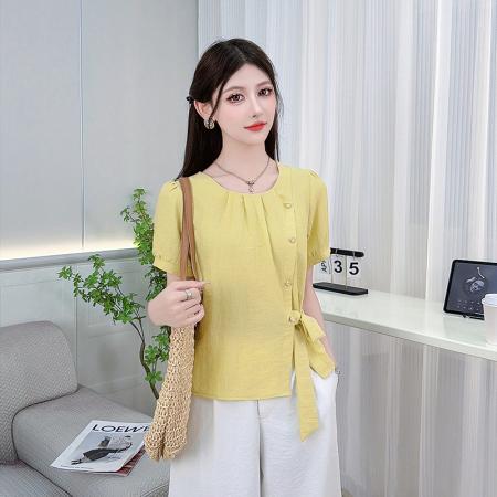 时尚衬衫女夏季新款洋气宽松显瘦设计感百搭系带收腰短袖上衣 服裝批發女裝批發服飾貨源
