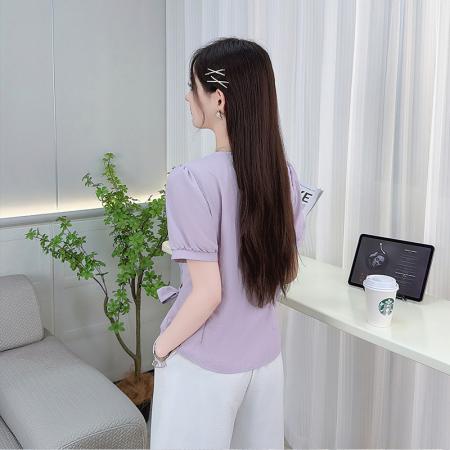 时尚衬衫女夏季新款洋气宽松显瘦设计感百搭系带收腰短袖上衣 服裝批發女裝批發服飾貨源