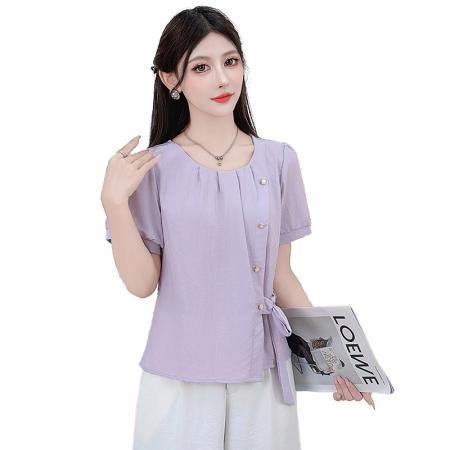 时尚衬衫女夏季新款洋气宽松显瘦设计感百搭系带收腰短袖上衣 服裝批發女裝批發服飾貨源