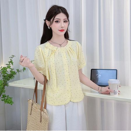 蝴蝶结爱心短袖衬衫女新款夏季休闲时尚百搭上衣修身显瘦小衫 服裝批發女裝批發服飾貨源