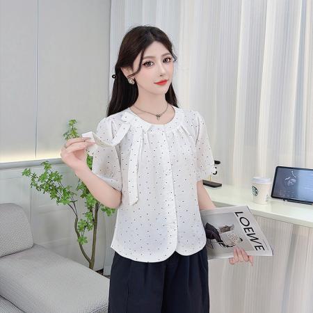 蝴蝶结爱心短袖衬衫女新款夏季休闲时尚百搭上衣修身显瘦小衫 服裝批發女裝批發服飾貨源