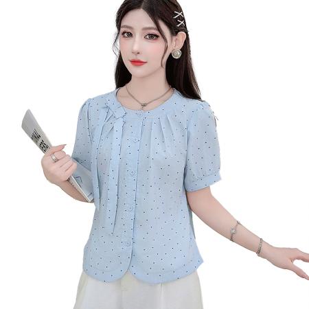 蝴蝶结爱心短袖衬衫女新款夏季休闲时尚百搭上衣修身显瘦小衫 服裝批發女裝批發服飾貨源