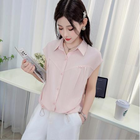 清新慵懒风翻领短袖衬衫女夏新款...