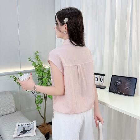 BY17758# 清新慵懒风翻领短袖衬衫女夏新款抽绳收腰显瘦百搭上衣 服裝批發女裝批發服飾貨源