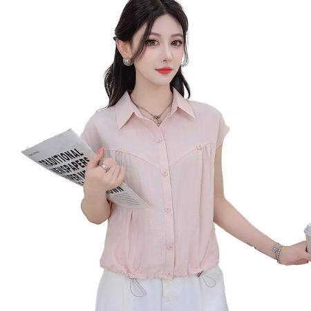 BY17758# 清新慵懒风翻领短袖衬衫女夏新款抽绳收腰显瘦百搭上衣 服裝批發女裝批發服飾貨源