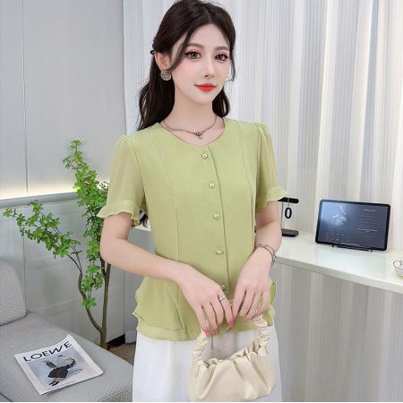 BY17759# 时尚短袖衬衫女夏季新款洋气显瘦设计感减龄百搭收腰气质上衣 服裝批發女裝批發服飾貨源