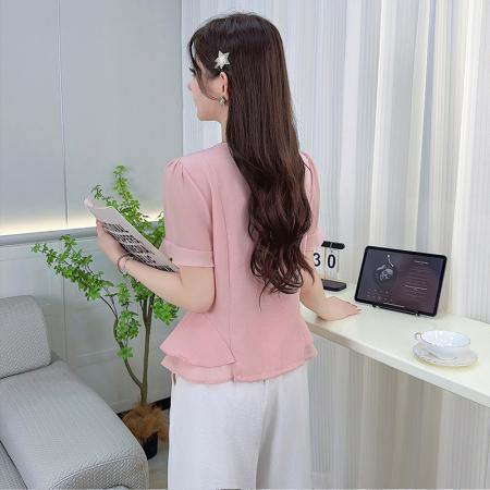 BY17759# 时尚短袖衬衫女夏季新款洋气显瘦设计感减龄百搭收腰气质上衣 服裝批發女裝批發服飾貨源