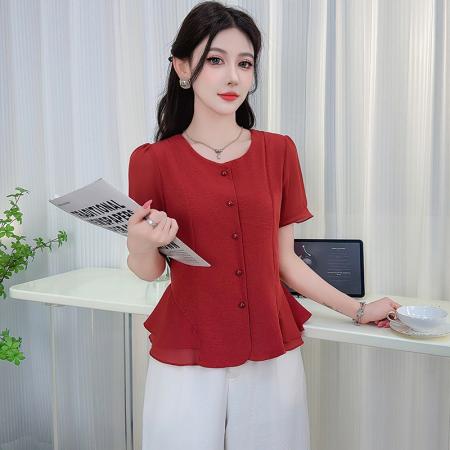 BY17759# 时尚短袖衬衫女夏季新款洋气显瘦设计感减龄百搭收腰气质上衣 服裝批發女裝批發服飾貨源