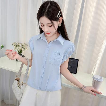 时尚休闲短袖纯棉衬衫女士夏装新款百搭绣花口袋衬衣宽松上衣 服裝批發女裝批發服飾貨源