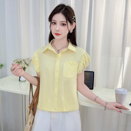 时尚休闲短袖纯棉衬衫女士夏装新款百搭绣花口袋衬衣宽松上衣 服裝批發女裝批發服飾貨源