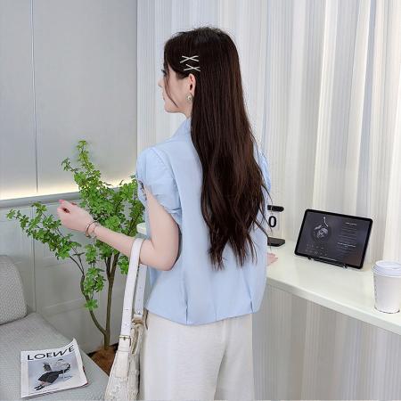 时尚休闲短袖纯棉衬衫女士夏装新款百搭绣花口袋衬衣宽松上衣 服裝批發女裝批發服飾貨源