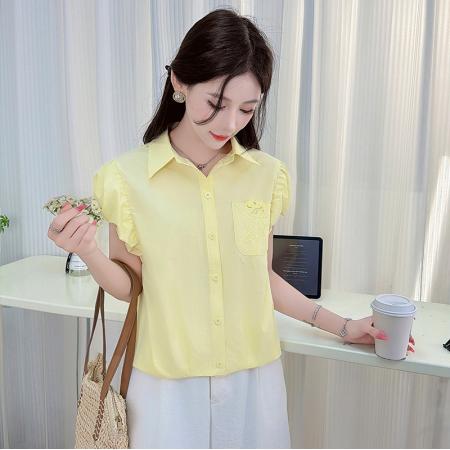 时尚休闲短袖纯棉衬衫女士夏装新款百搭绣花口袋衬衣宽松上衣 服裝批發女裝批發服飾貨源