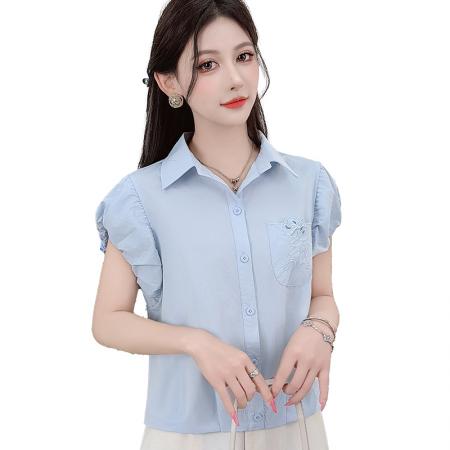 时尚休闲短袖纯棉衬衫女士夏装新款百搭绣花口袋衬衣宽松上衣 服裝批發女裝批發服飾貨源